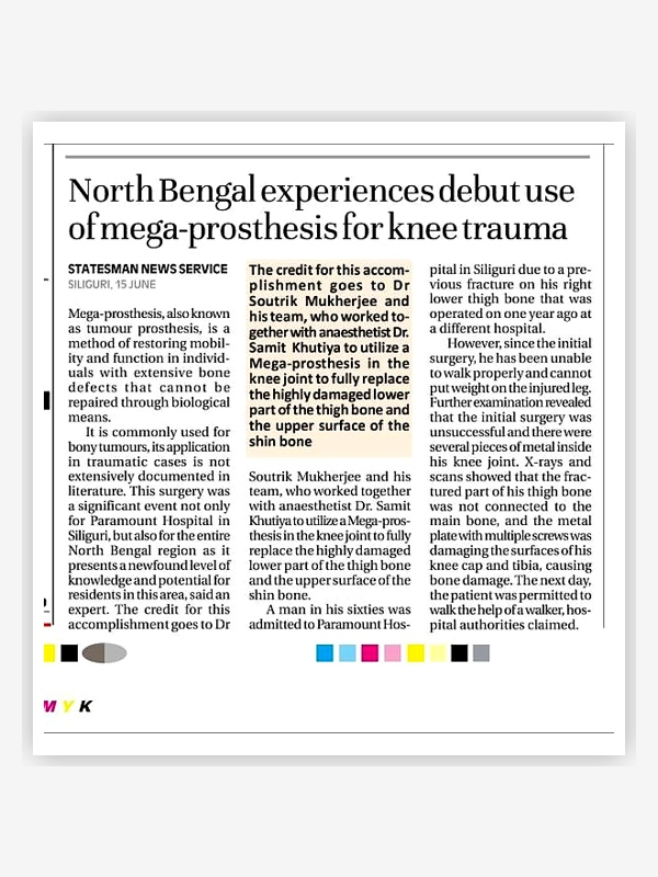 Statesman News – Dr. Soutrik Mukherjee performs debut mega-prosthesis for knee trauma in North Bengal