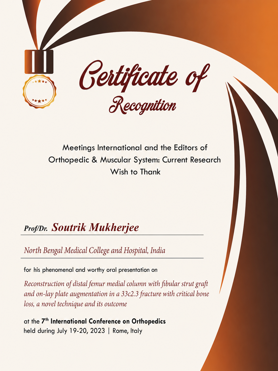 Certificate of Recognition – 7th International Conference on Orthopaedics, Rome 2023